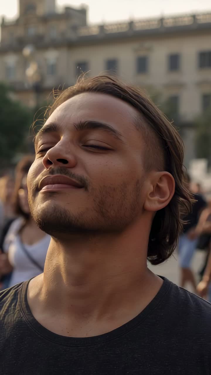 Video verticale: uomo in maglietta scura che chiude gli occhi e si piega all'indietro in una piazza vicino a una torre