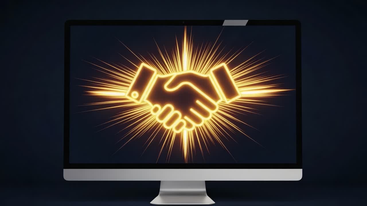 A Symbolic Representation of Partnership and Collaboration Illustrated by a Glowing Handshake on a Computer Screen, Signifying Unity and Mutual Understanding