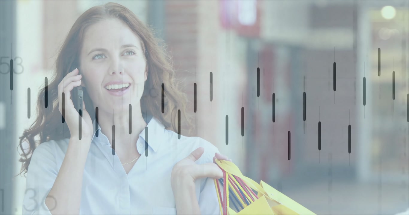 Woman receiving call walking mall juggling smartphone and bags, sharing haul, waveform fluctuating