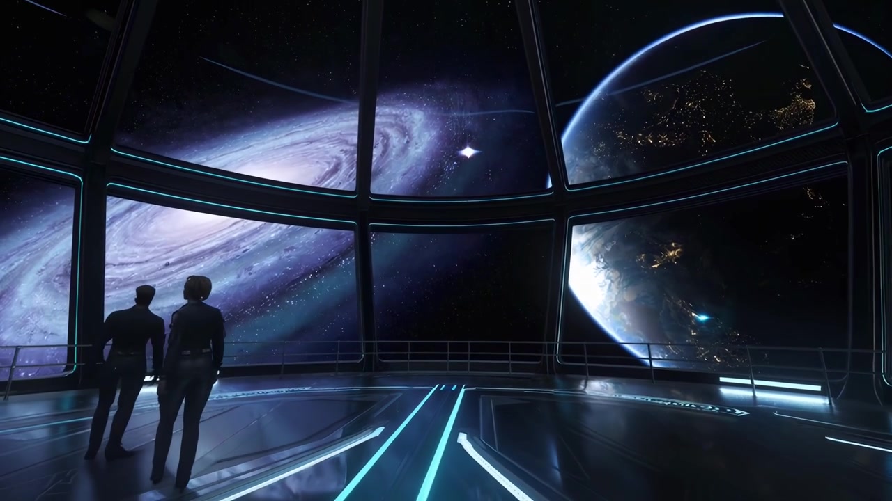 Astronauts Observing Earth and Galaxy from Futuristic Space Station