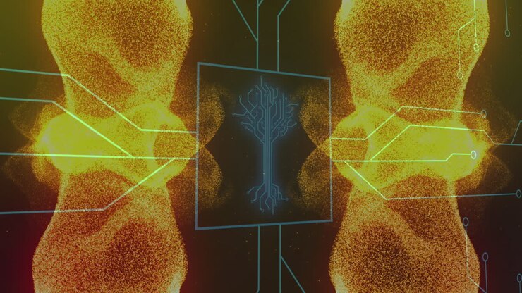 Animation of motherboard and transferring date over glowing yellow particles on dark background