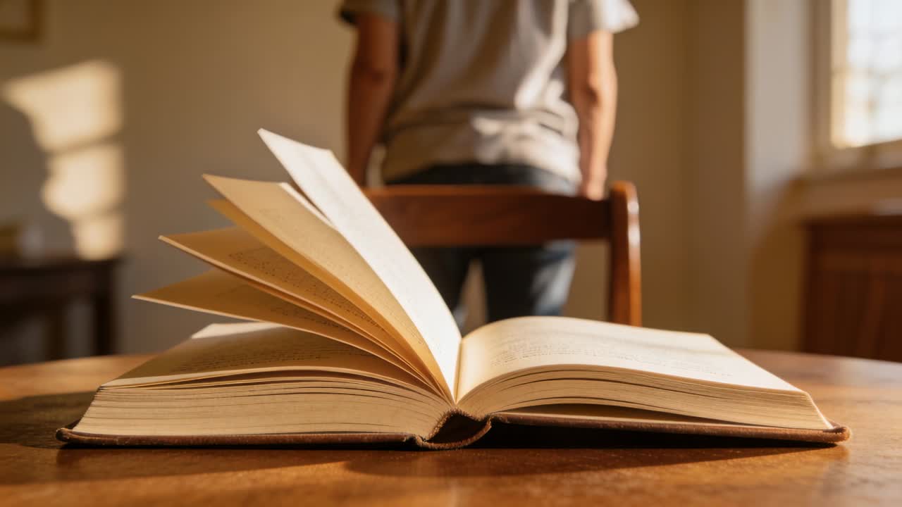 Un libro a copertina rigida viene sfogliato velocemente, con le pagine che si muovono su un tavolo di legno, causato dal movimento di un uomo che si alza dalla sedia.