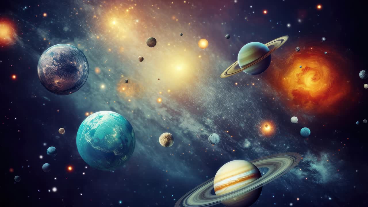 A cosmic video concept featuring a wide-angle view of colorful planets and swirling galaxies