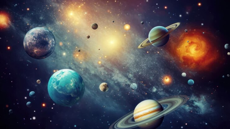 A cosmic video concept featuring a wide-angle view of colorful planets and swirling galaxies