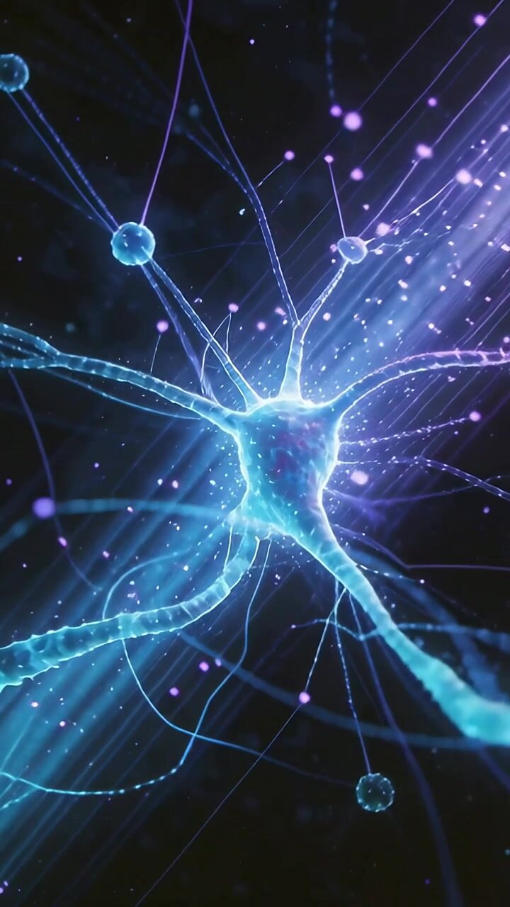 Vertical video: Sending purple-white beam activating neuron cell in dark neural void with filaments