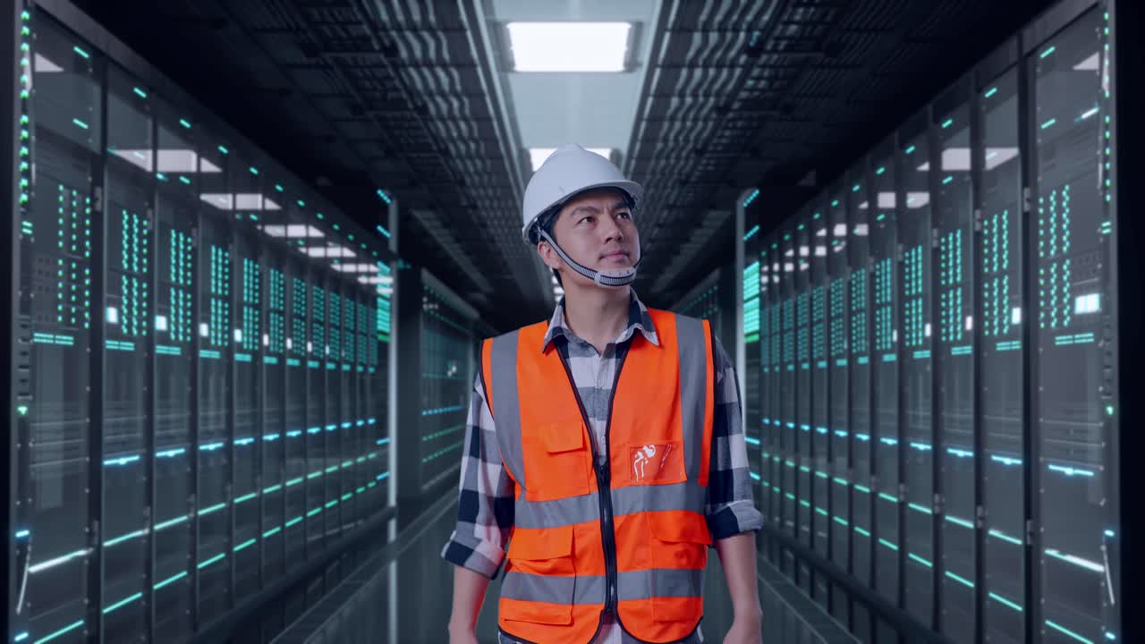 Front View of Asian Male Engineer Walking in Server Room Data Center