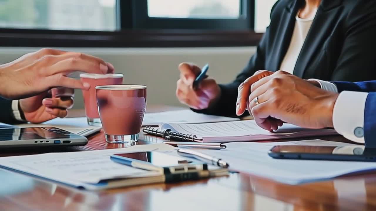 Close up of hands Business Team Brainstorming with Coffee at Work Table