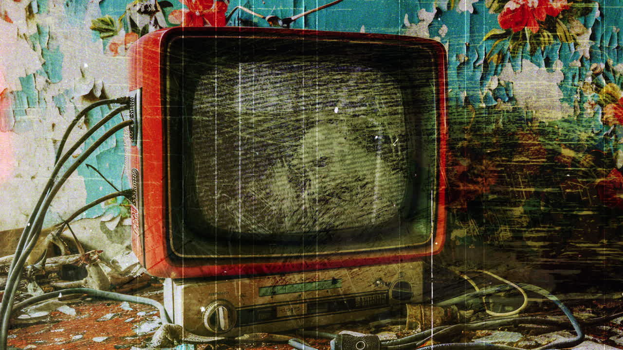 오버레이드 필름 글리치 텍스처를 가진 레트로 텔레비전 세트