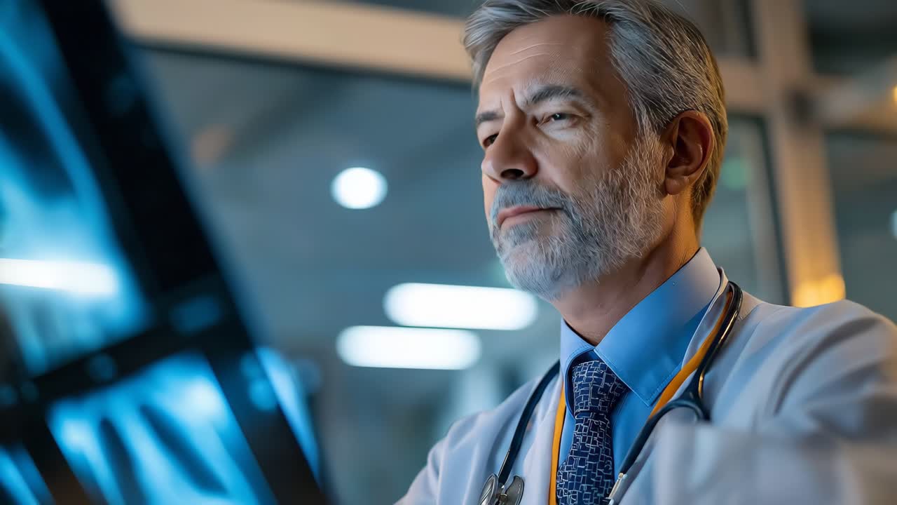 Male doctor analyzing patient x-ray image