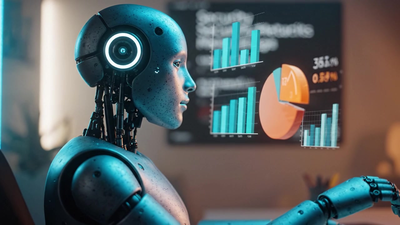 Sophisticated Robotic Assistant Analyzing Data Visualizations in a High-Tech Office Environment with Futuristic Interface Elements and Charts Displaying Insights