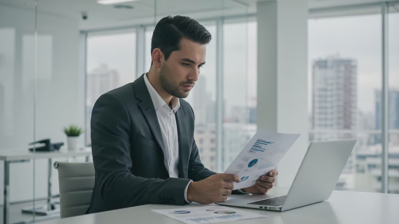 Profissional concentrado analisando relatórios financeiros e dados digitais no laptop em um ambiente de escritório moderno, preparando-se para uma apresentação importante ou tomada de decisões