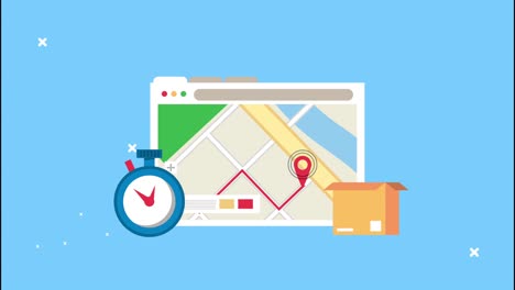 servicio logístico de entrega con guía de mapas en la plantilla de la página web y cronómetro