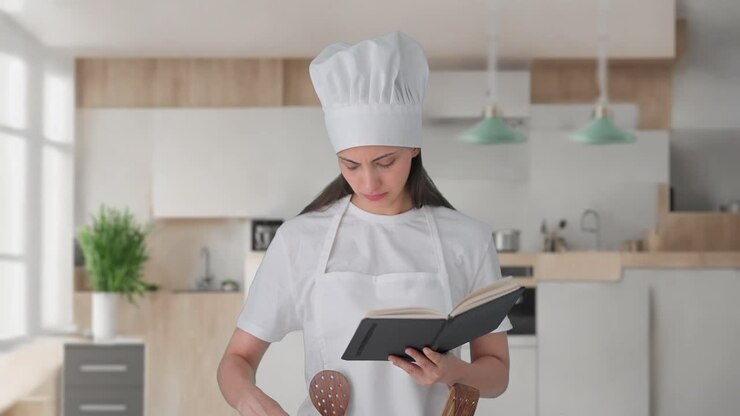 Chef professionista indiana che prepara il cibo da un ricettario