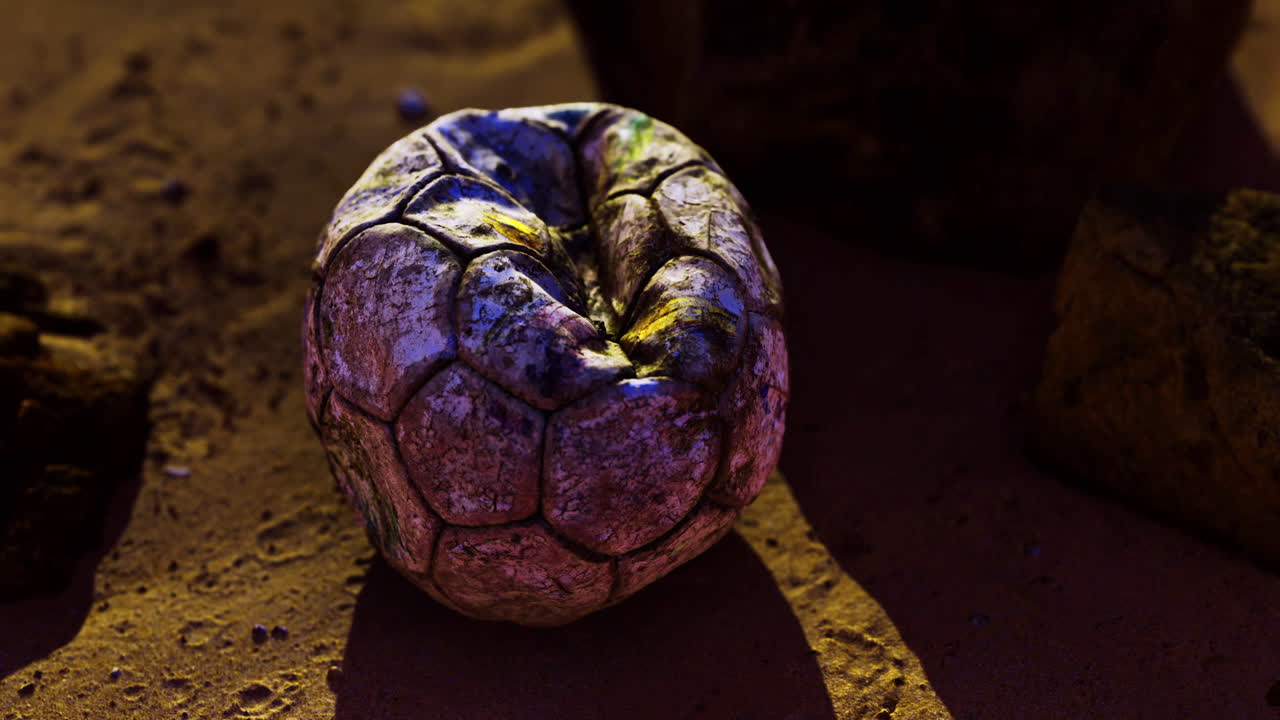 Old soccer ball resting on the ground in an arid environment at dusk