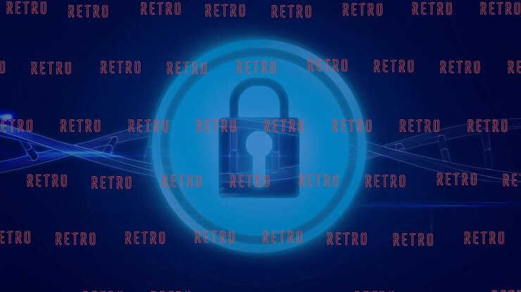 Animation of retro texts moving over padlock in blue circle