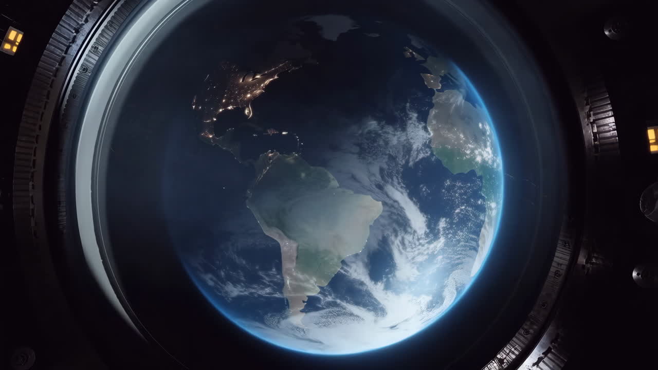 View of Earth from space with city lights through a spacecraft window