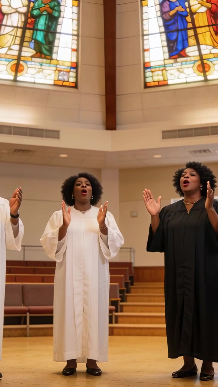 Vertical video: Clapping after cue, choir duo singing on chancel for worship, robes, stained-glass