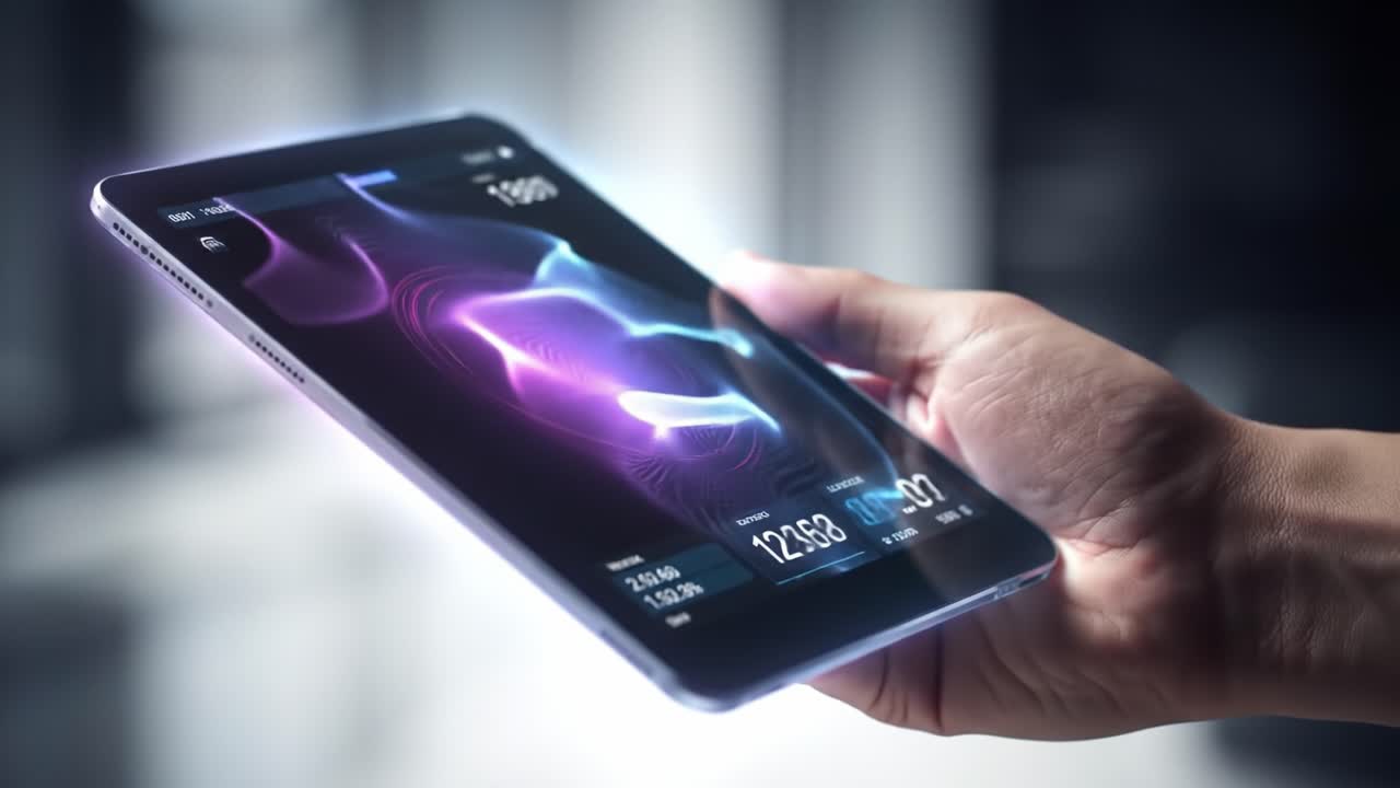 A person holds a modern tablet featuring vibrant display graphics in a spacious city environment. Sunlight streams in, highlighting the device's sleek design and advanced technology.