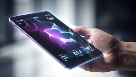 a person holds a modern tablet featuring vibrant display graphics in a spacious city environment. sunlight streams in, highlighting the device's sleek design and advanced technology.