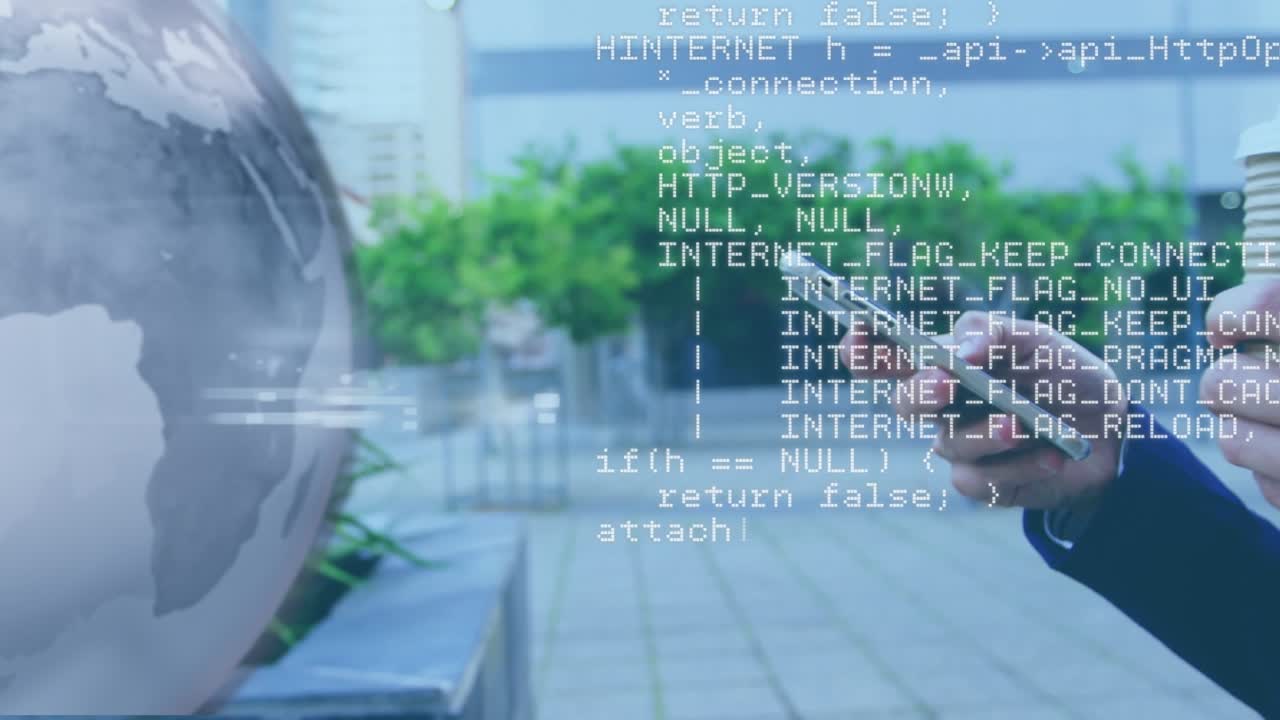 Animation of hands using smartphone and globe over data processing