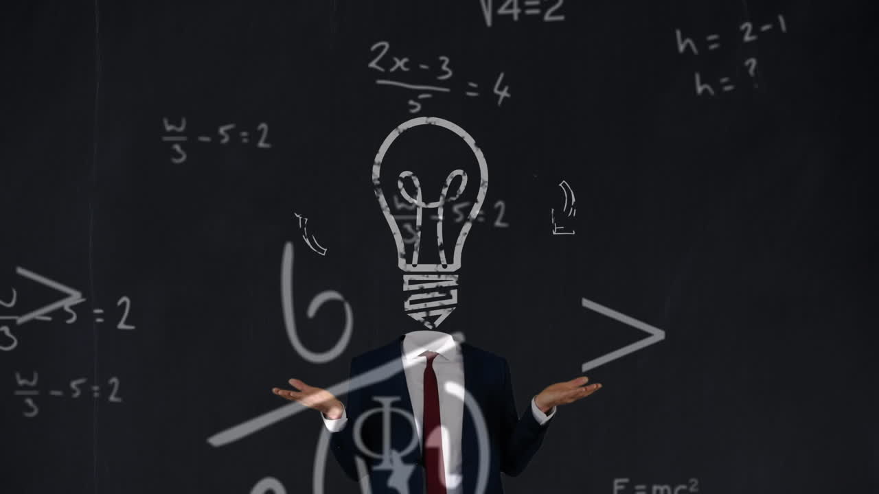 Mathematical equations floating against light bulb over face of businessman against black background