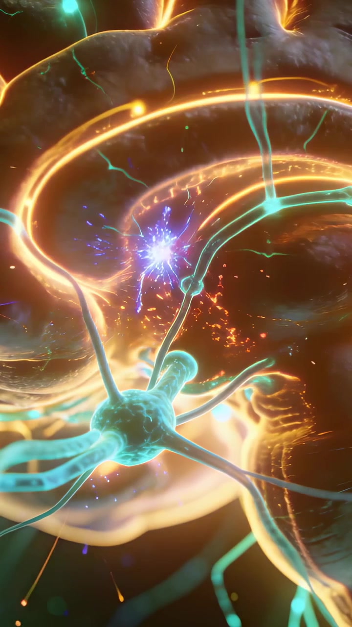 Vertical video: Ring contact causing turquoise neuron pulsing along axon to golden folds, embers