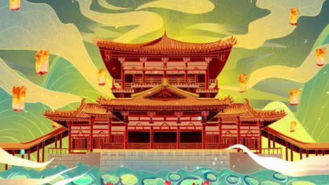 신비로운 풍경: 중국의 전통적인 동양 디지털 예술 애니메이션, 중국 레트로 페인팅 잉크, 꽃, 나무, 새, 흐린 배경의 강