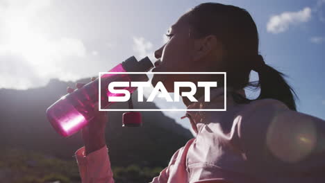 animation of the word start in white over woman exercising in countryside drinking water