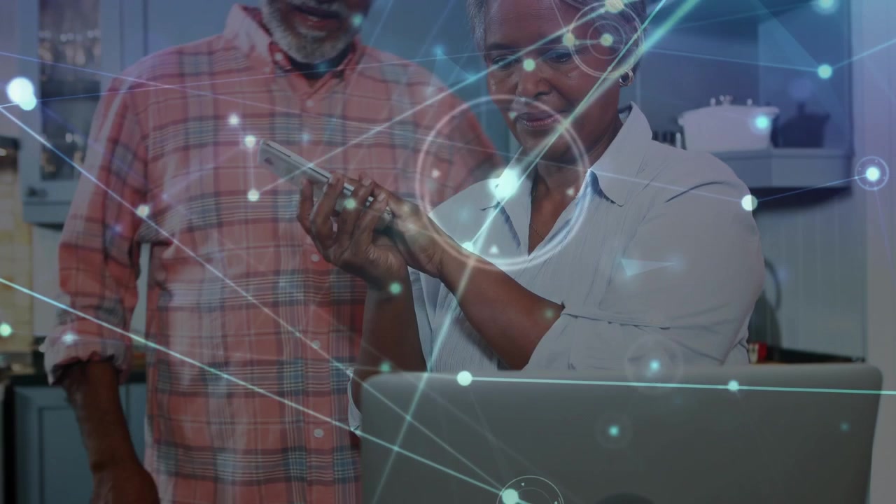 Animation of network of connections over senior african american couple