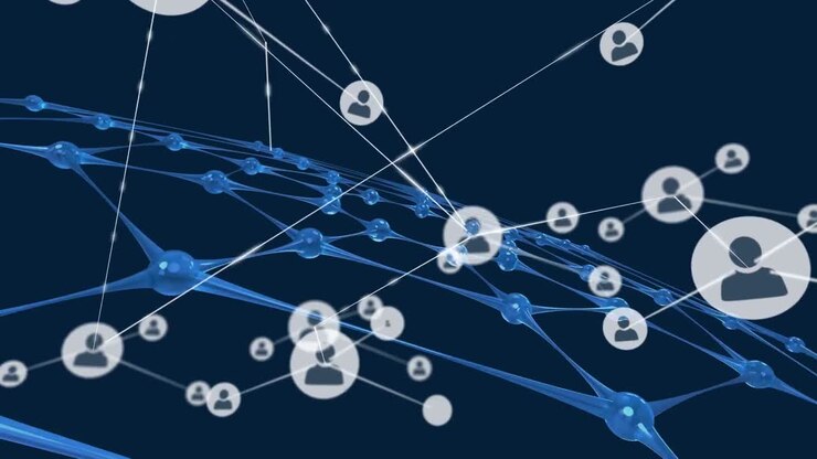 Animation of network of connections with icons over blue net