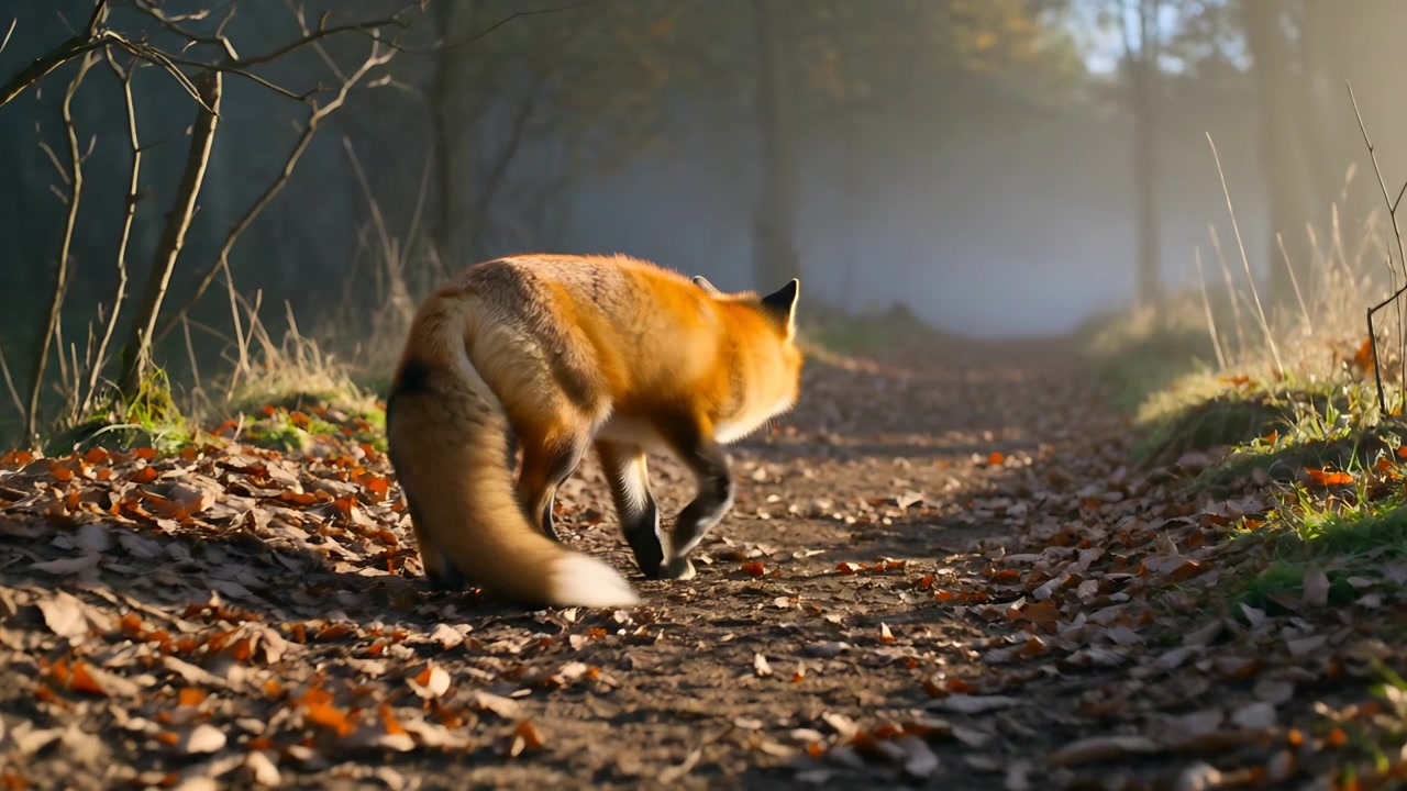 Ein Rotfuchs hebt den Kopf, reagiert auf das Sonnenlicht, erhebt sich und geht einen schmalen, mit Blättern bedeckten Feldweg entlang.