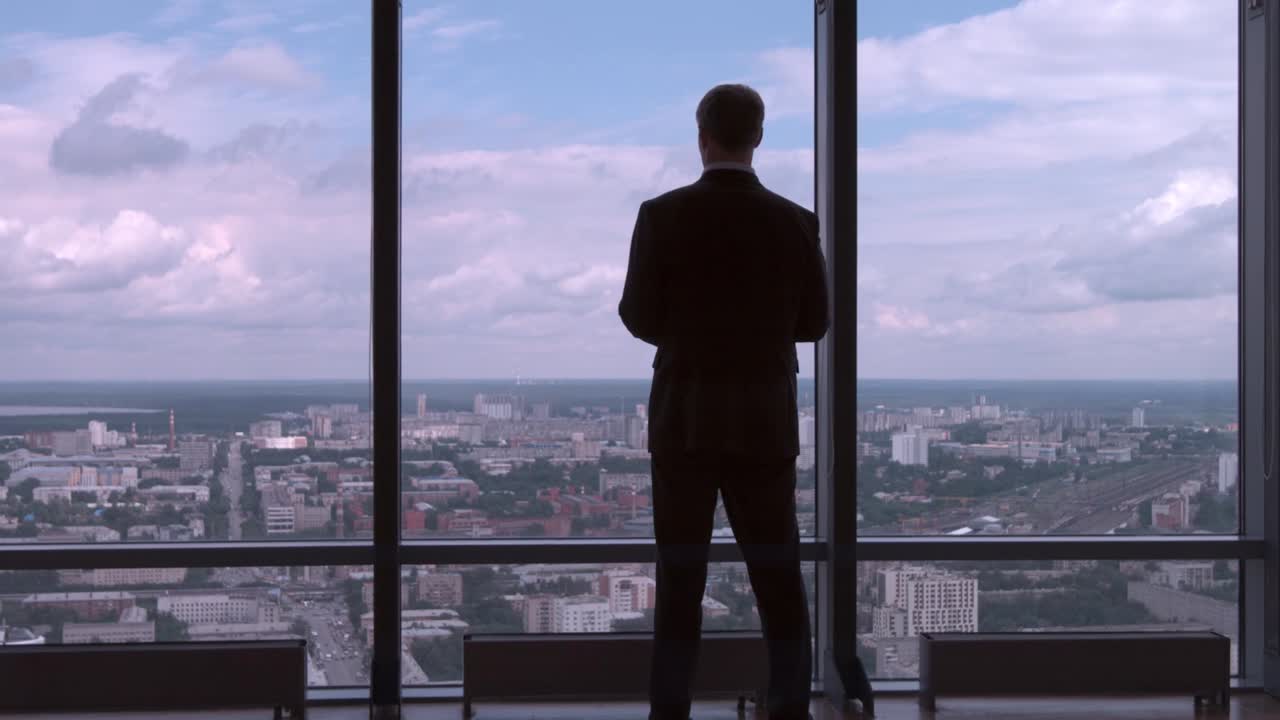 un hombre de negocios contemplando la vista de la ciudad desde un rascacielos.