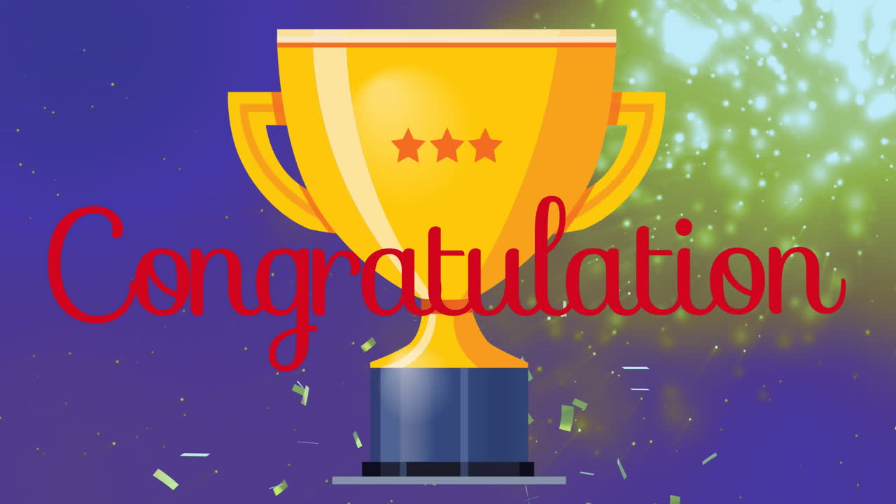 animación de confeti, copa de oro y felicitaciones sobre fondo azul