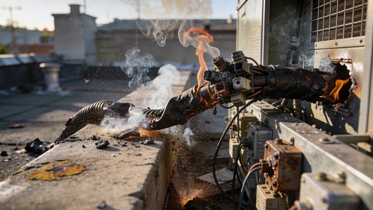 Arcing burnt cable bundle emitting smoke on rooftop, exposed conductors producing sparks and flames