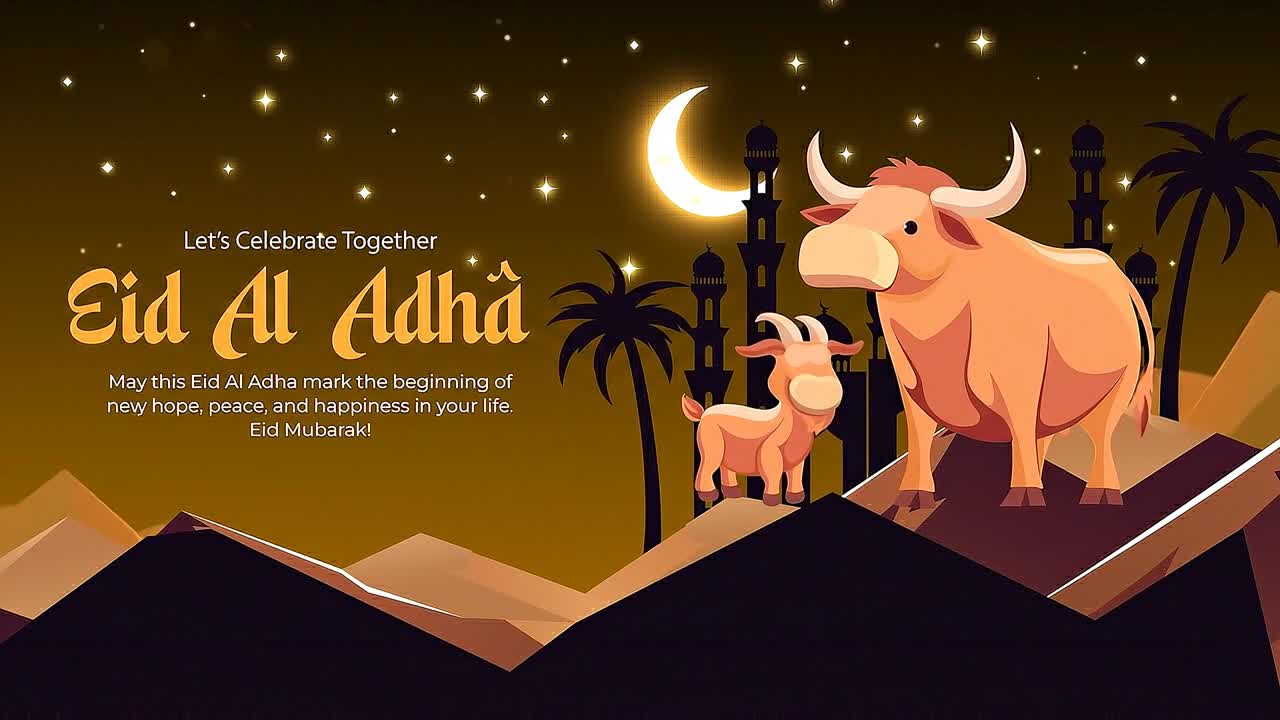 Eid Al Adha animation celebration scene with cow and calf on desert hills mosque skyline palm trees and crescent moon night