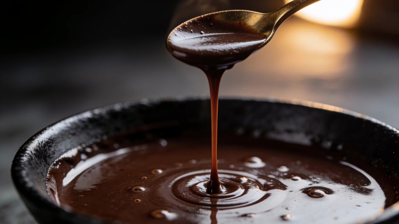 Sollevando un cucchiaio di metallo si rilascia un flusso lucido di cioccolato in una ciotola scura sul tavolo, creando increspature