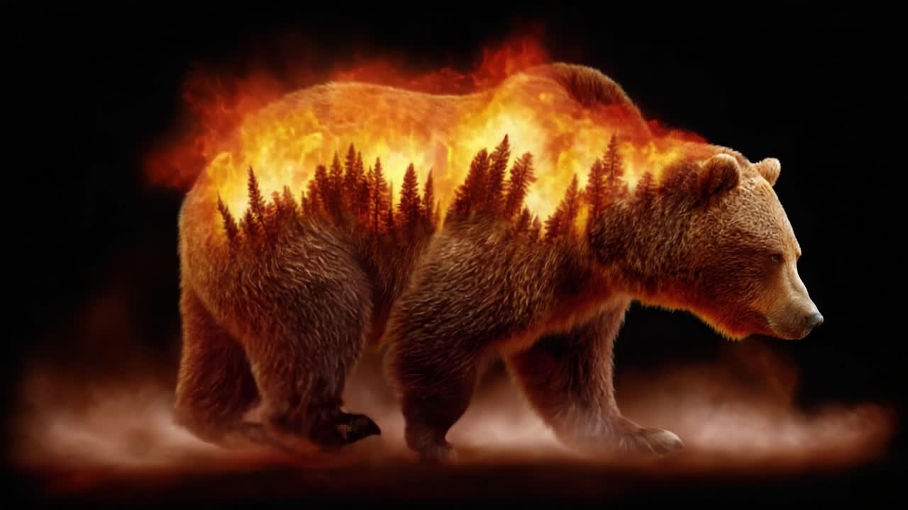 A Majestic Bear Walks Through a Fiery Wilderness, Symbolizing the Struggles of Nature and Wildlife Amidst Raging Forest Fires Against a Dark Background