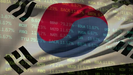 Animation-of-multicolored-trading-board-over-waving-flag-of-south-korea-against-black-background