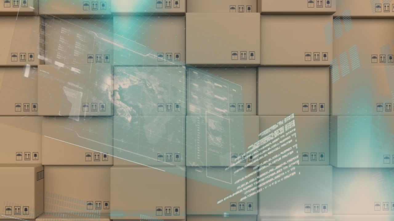 interfaz digital con procesamiento de datos contra la pila de cajas de entrega