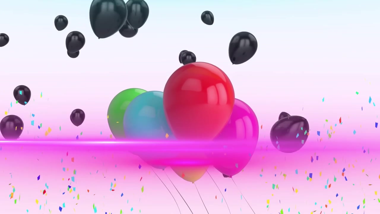 Animazione di coriandoli colorati che cadono con palloncini da festa neri e colorati su sfondo bianco