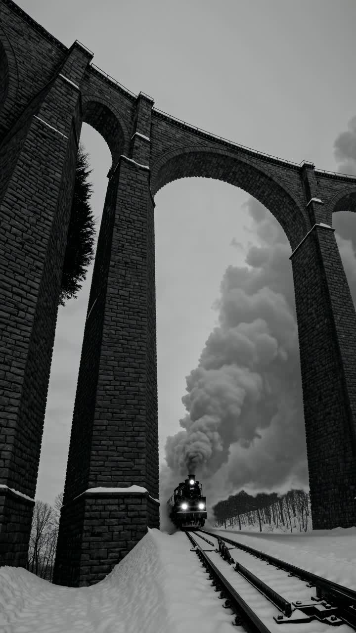 Dramatic low-angle shot of a steam train under a towering viaduct, evoking a vintage video feel