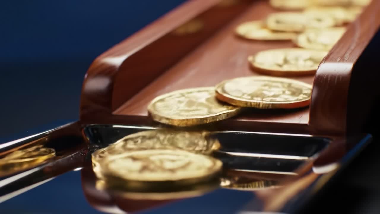 Gleaming Coins Cascading off a Sleek Tray, Capturing the Essence of Wealth and Extravagance in a Captivating Display of Riches and Fine Craftsmanship