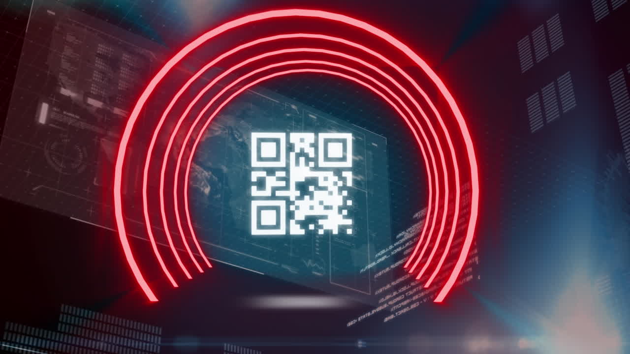 Digital animation of glowing qr code over multiple screens with data processing on blue background