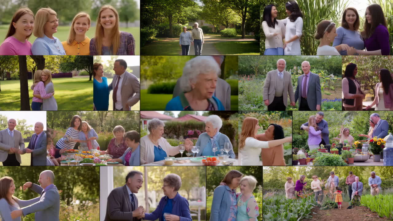 A diverse collection of scenes depicting people, families, and friends socializing, gathering, and enjoying various activities outdoors, highlighting community and connection