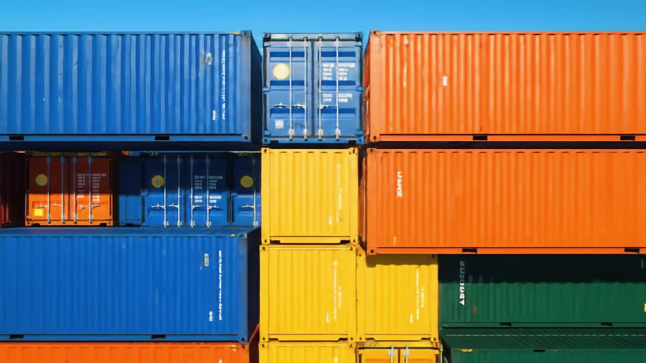 Brightly colored shipping containers are stacked high at a bustling shipping yard under clear blue skies, showcasing vibrant hues of blue, orange, yellow, and green.