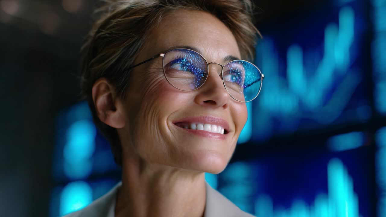 A Confident Woman with Stylish Glasses and a Heartwarming Smile, Gazes Upward Amidst a Futuristic Background with Dynamic Data Visualizations, Signifying Success and Innovation in Technology