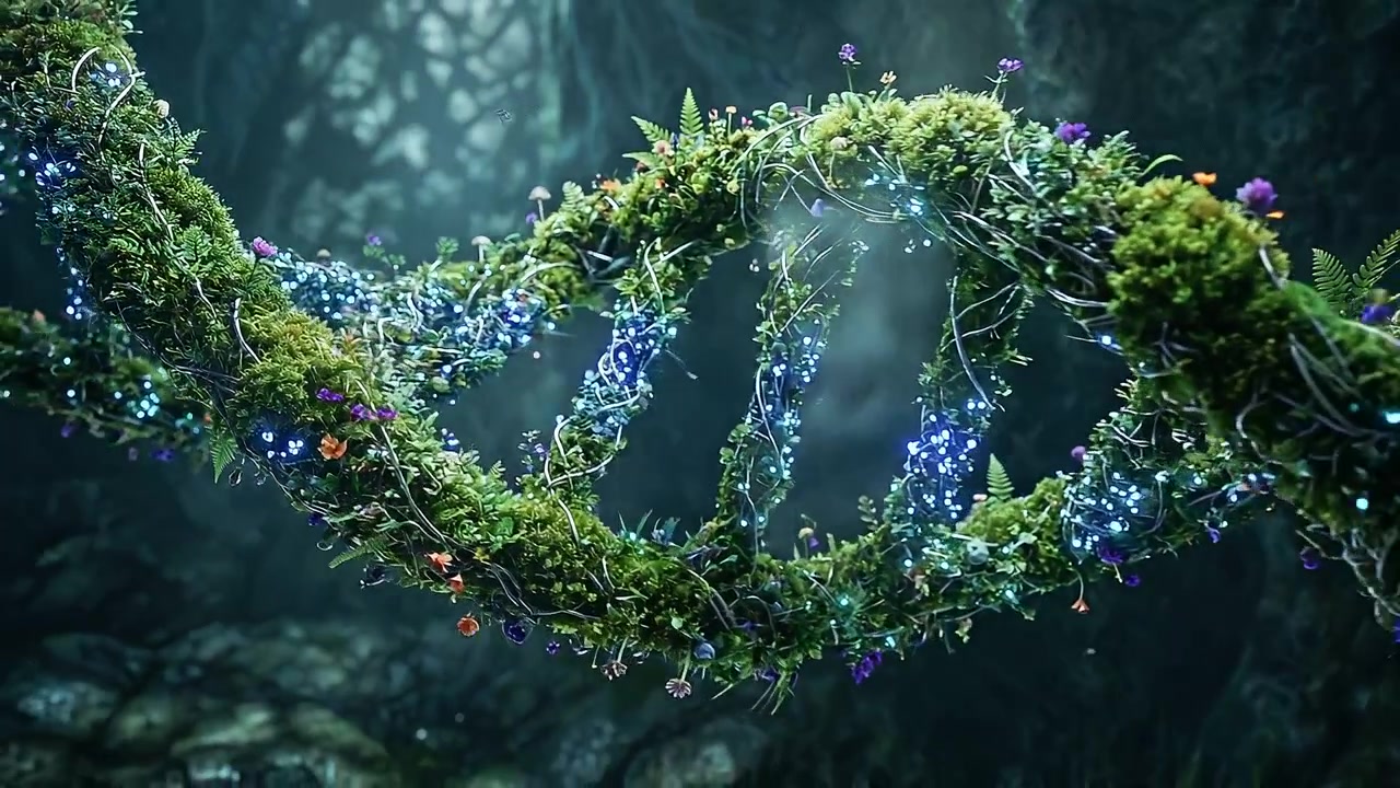 Filamento di DNA a doppia elica biologico astratto in un giardino botanico di viti naturali.