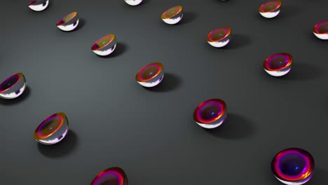 Set of different colors 3d rotating glass shapes sliced balls. 4k seamless loop animation footage.