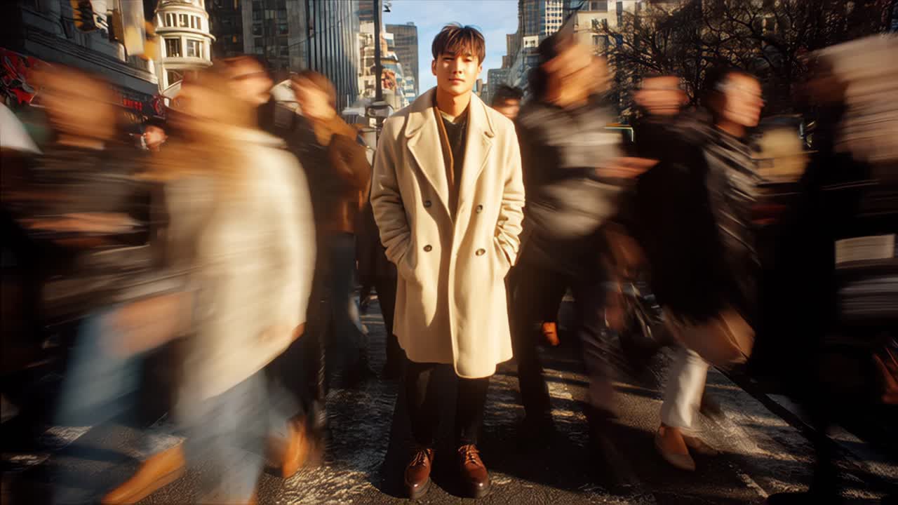 Busy city street scene with man in beige trench coat