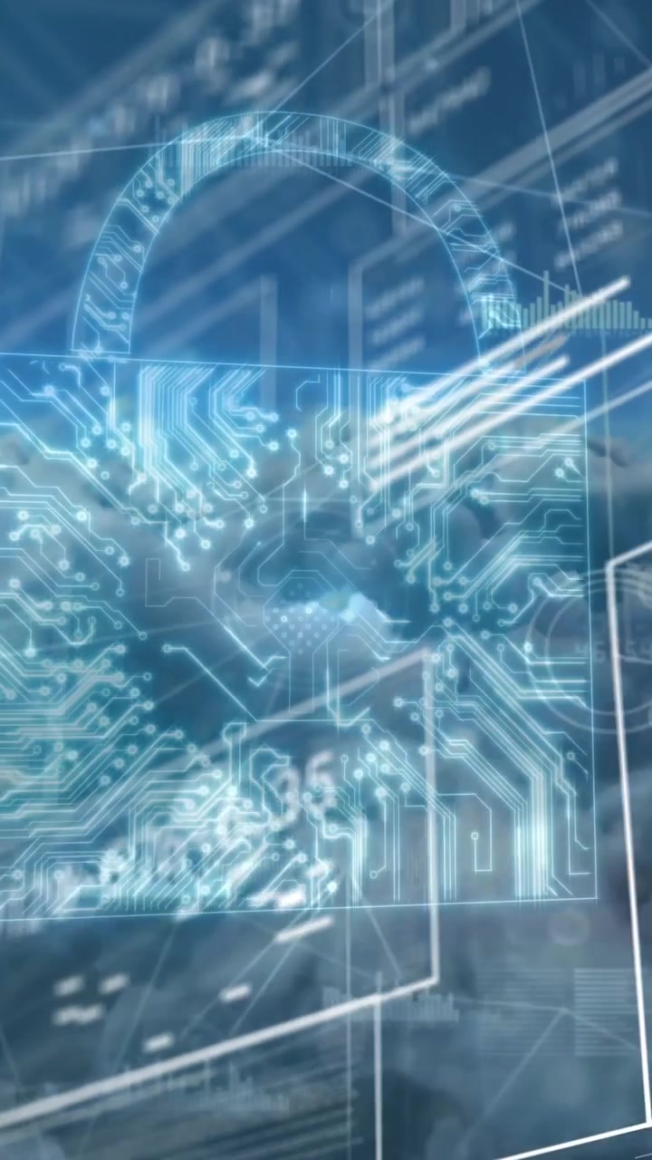 Animation of network, padlock, charts and data processing over blue cloudy sky